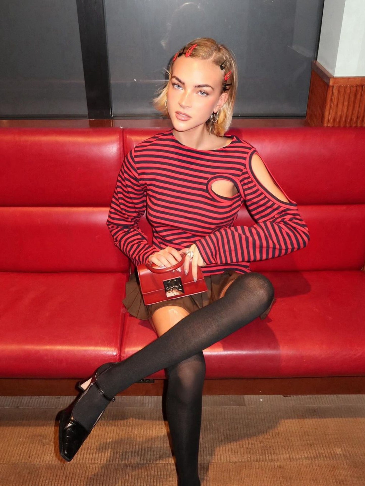Cut Out Striped Long Sleeve Tee Red