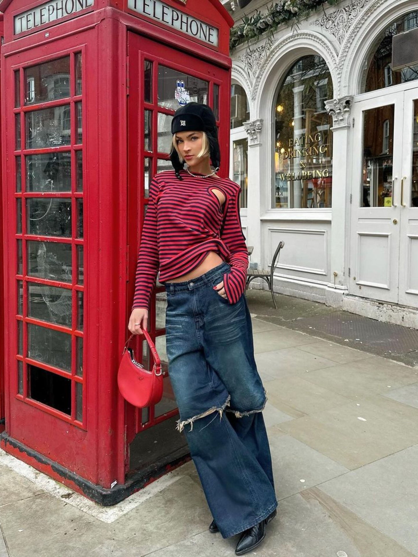 Cut Out Striped Long Sleeve Tee Red