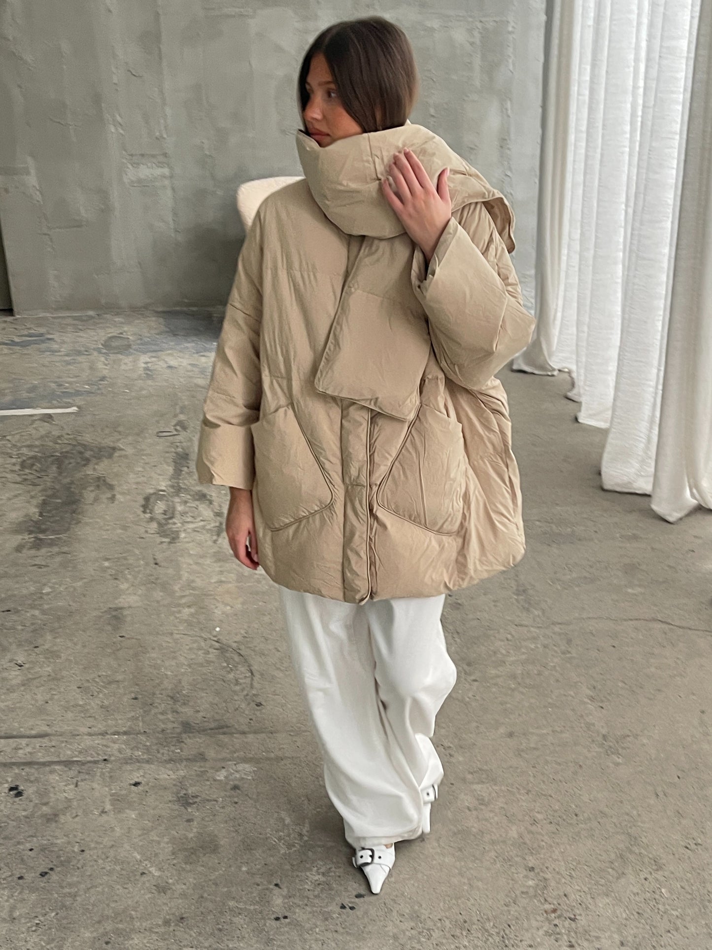 Quilted Scarf Detail Jacket Sand