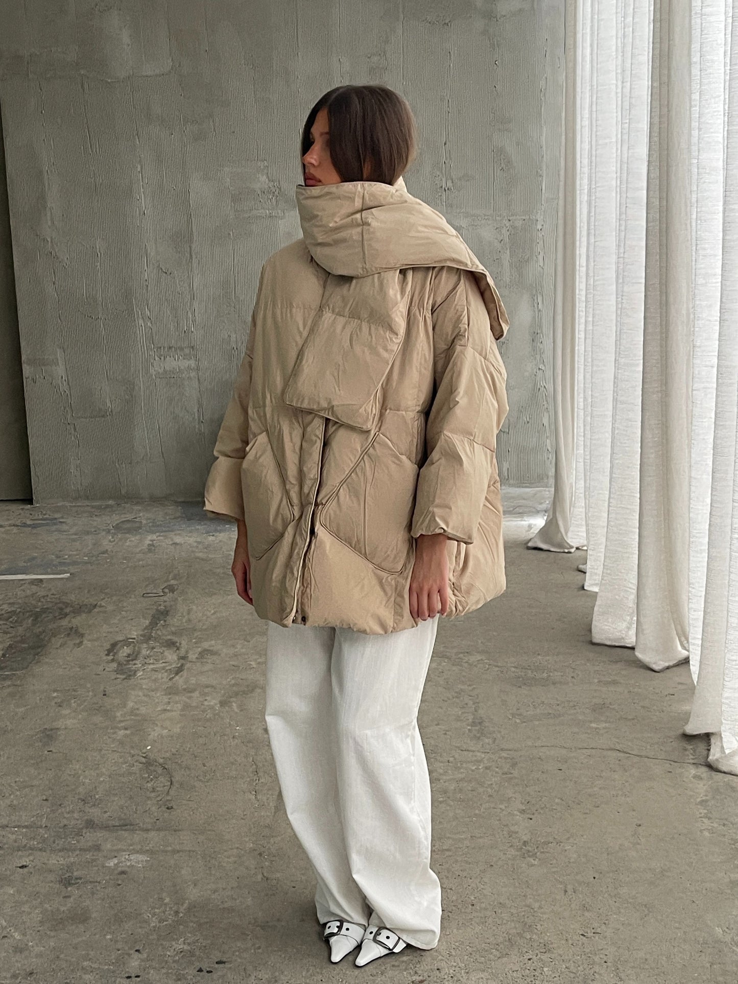 Quilted Scarf Detail Jacket Sand
