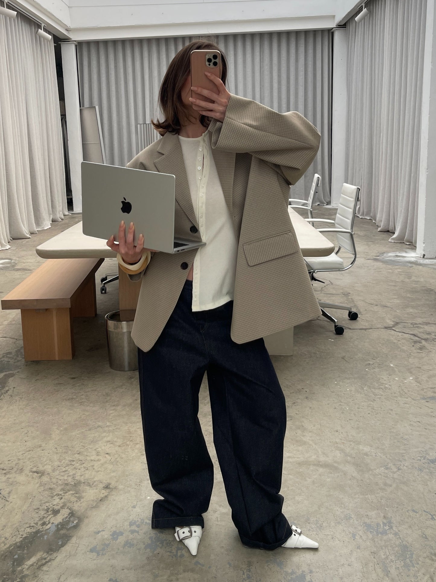 Oversized Checked Blazer Latte