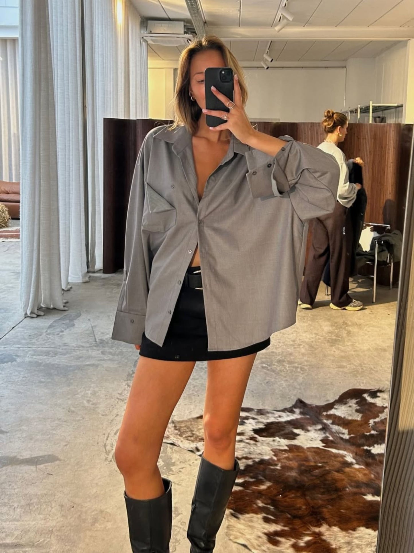 Oversized Front Pocket Detail Shirt Grey