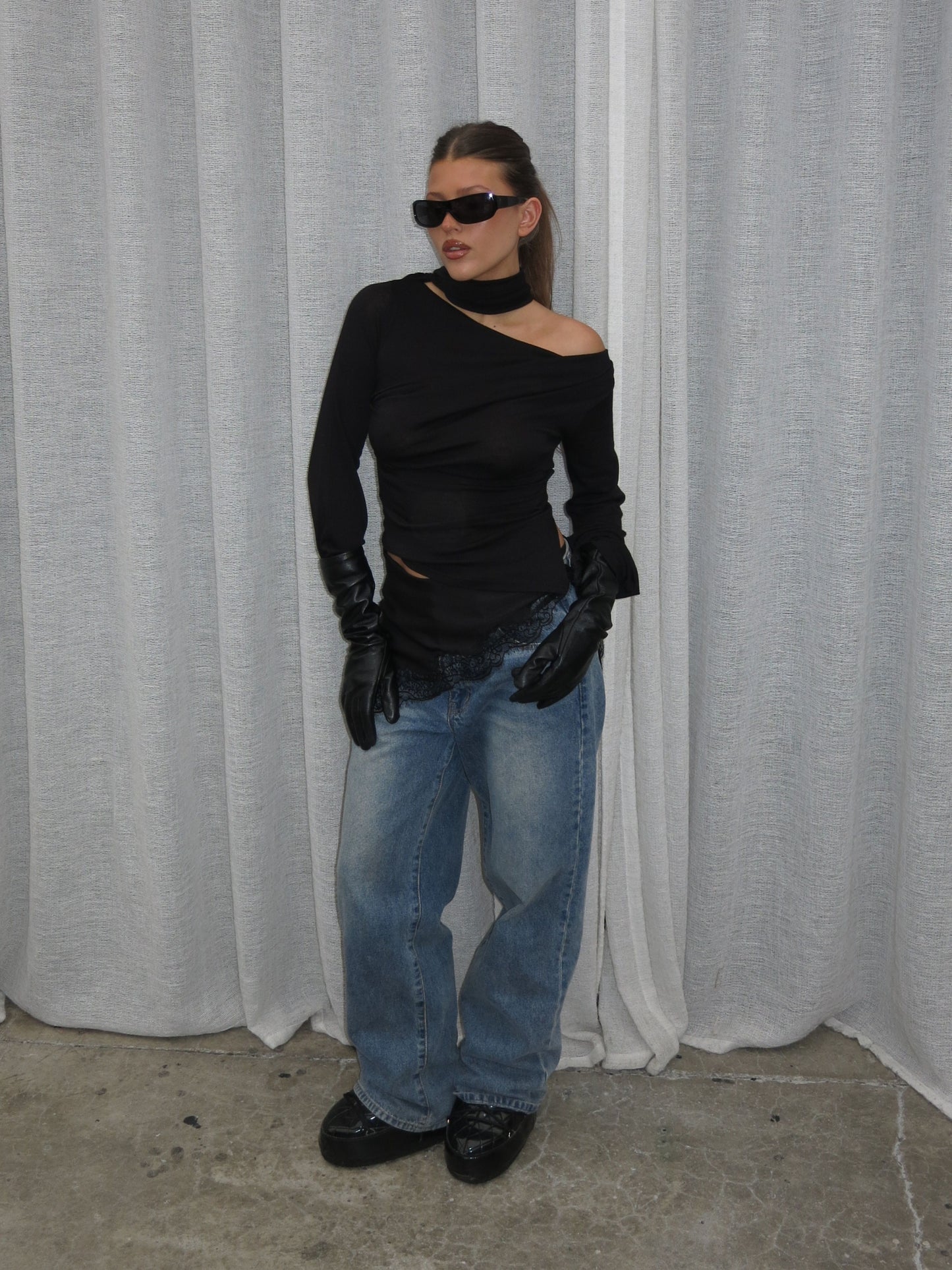 Wrapped Scarf Detail Top Black