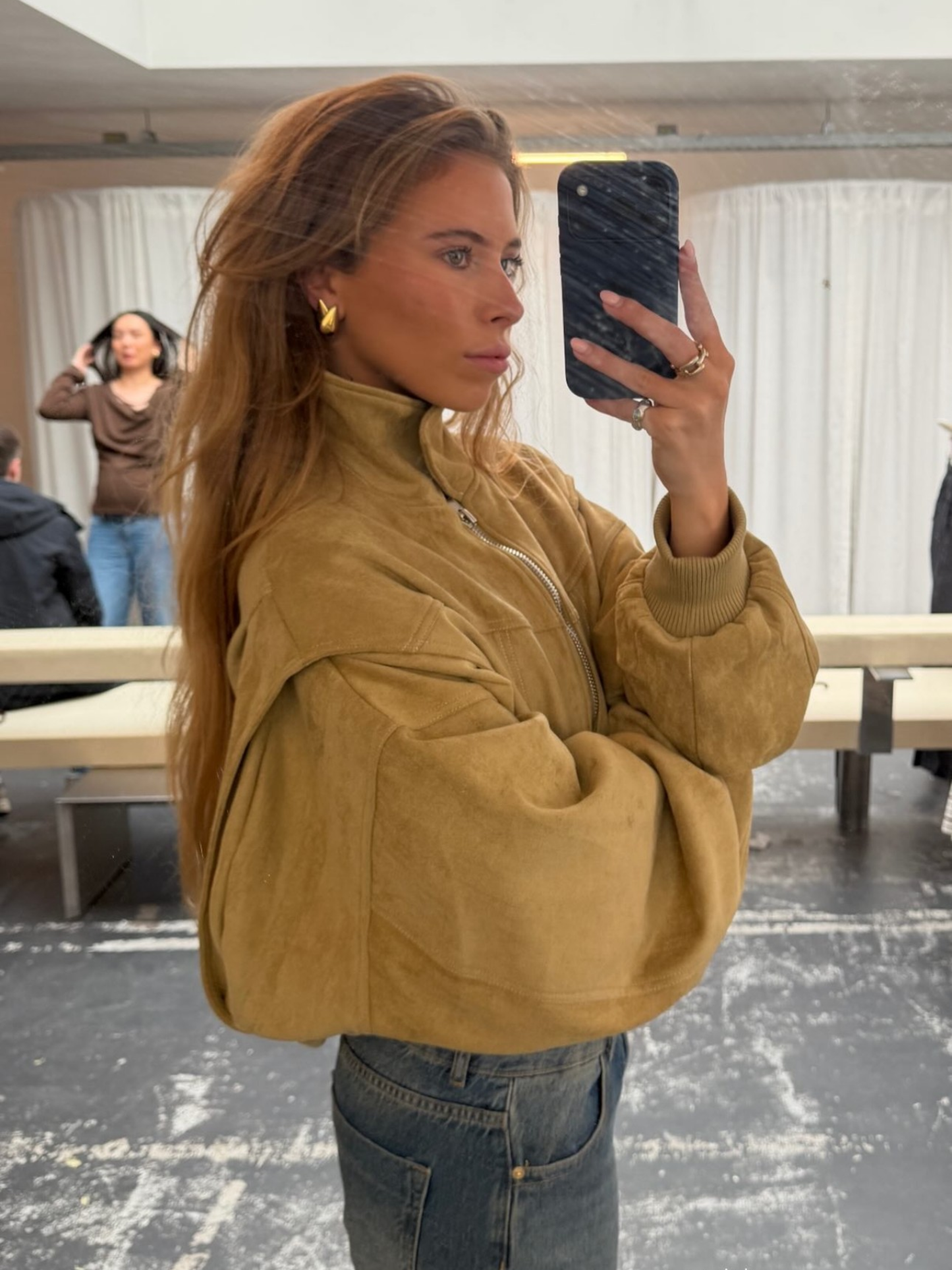 Oversized Contrast Stitch Jacket Suede Camel