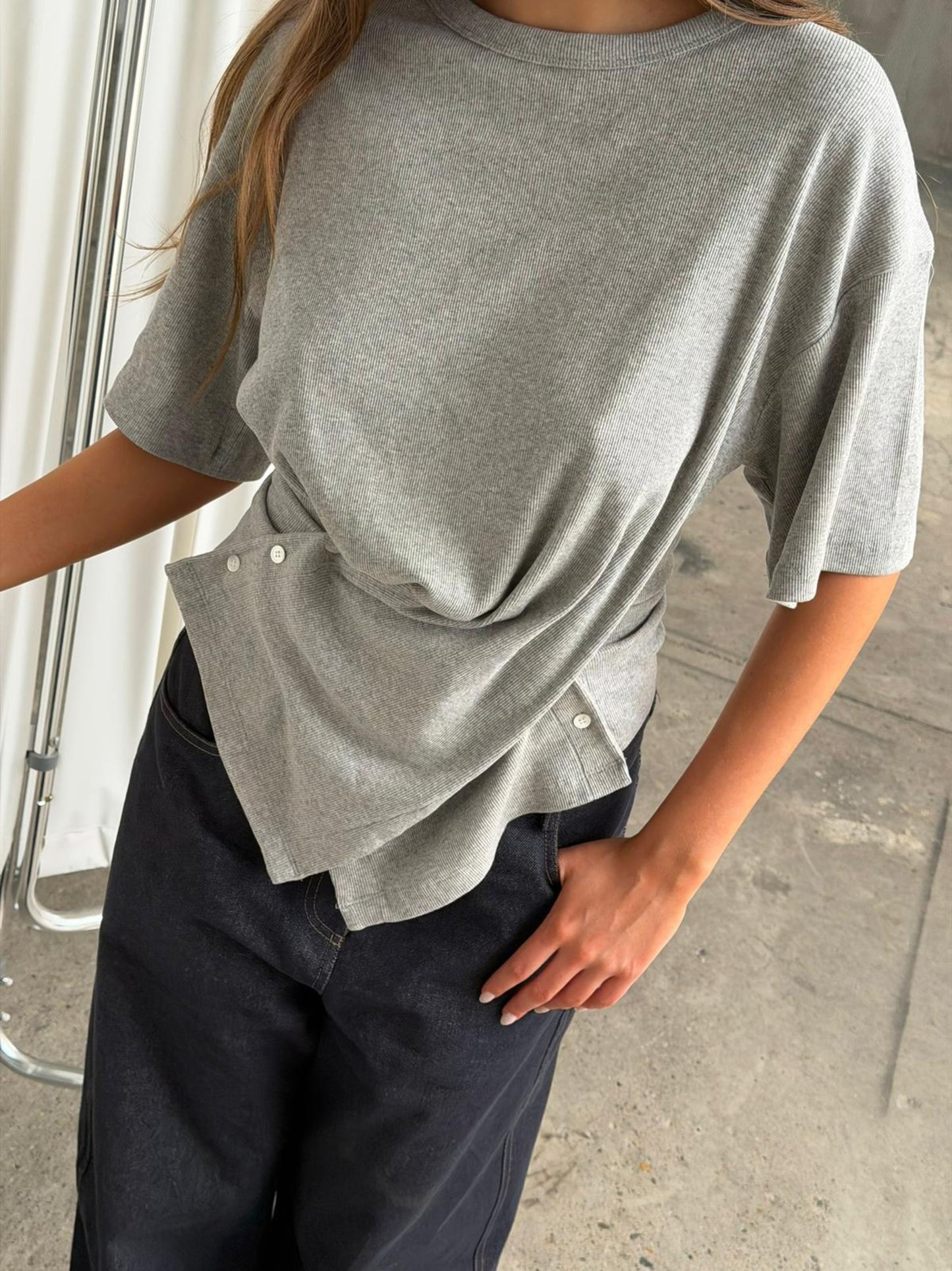 Ribbed Cinched Button Top Grey