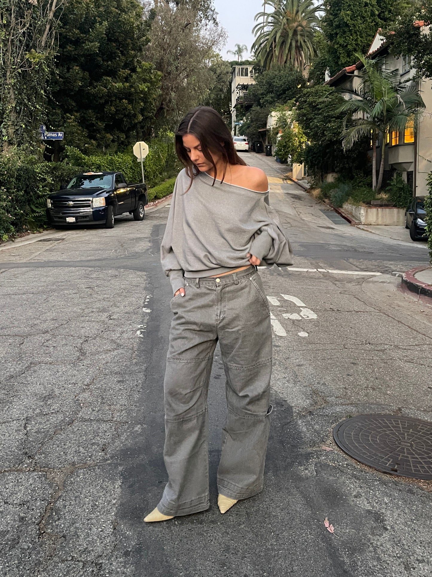 Draped Off-Shoulder Sweater Grey