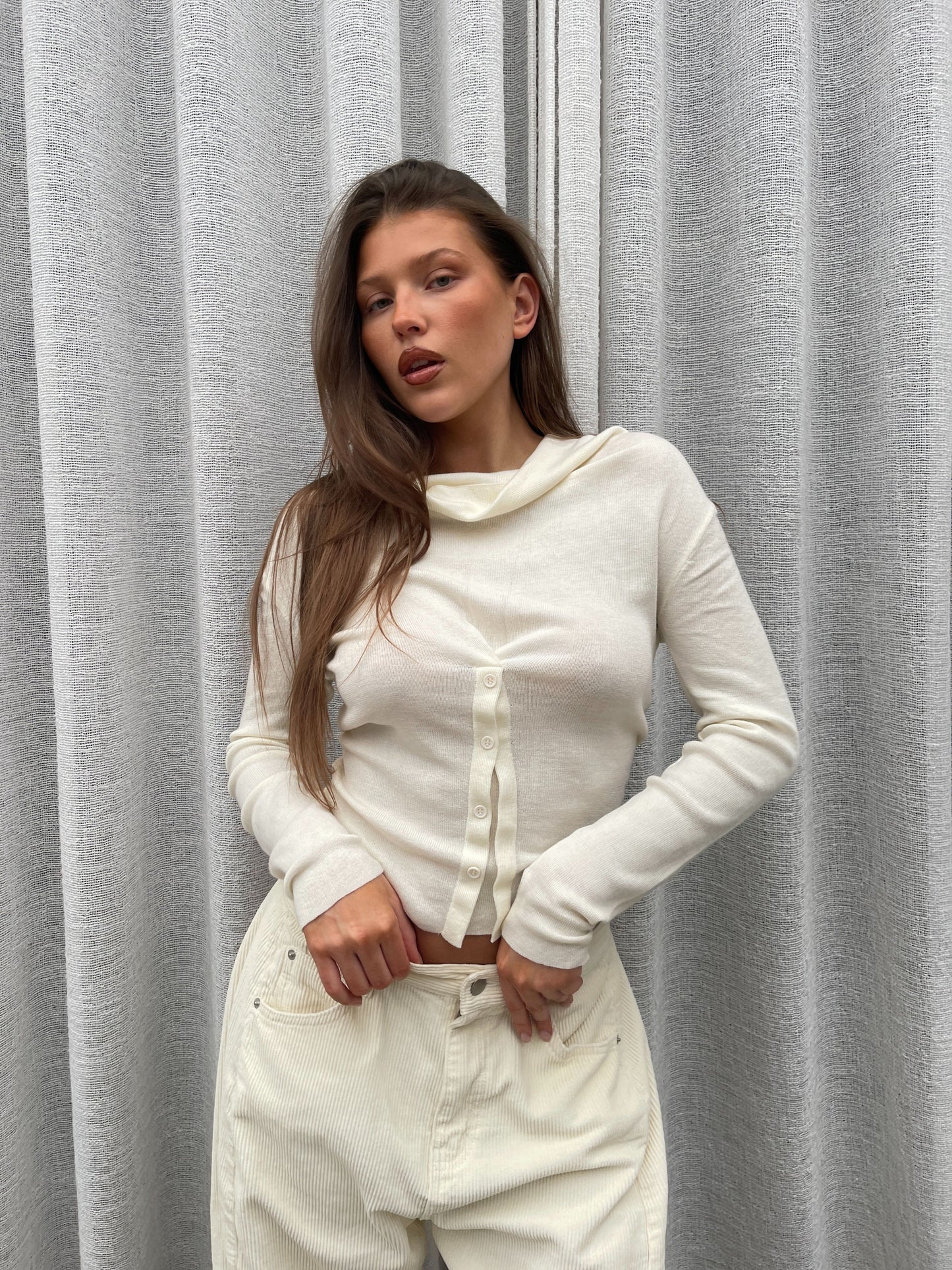 Front Draped Buttoned Top Cream