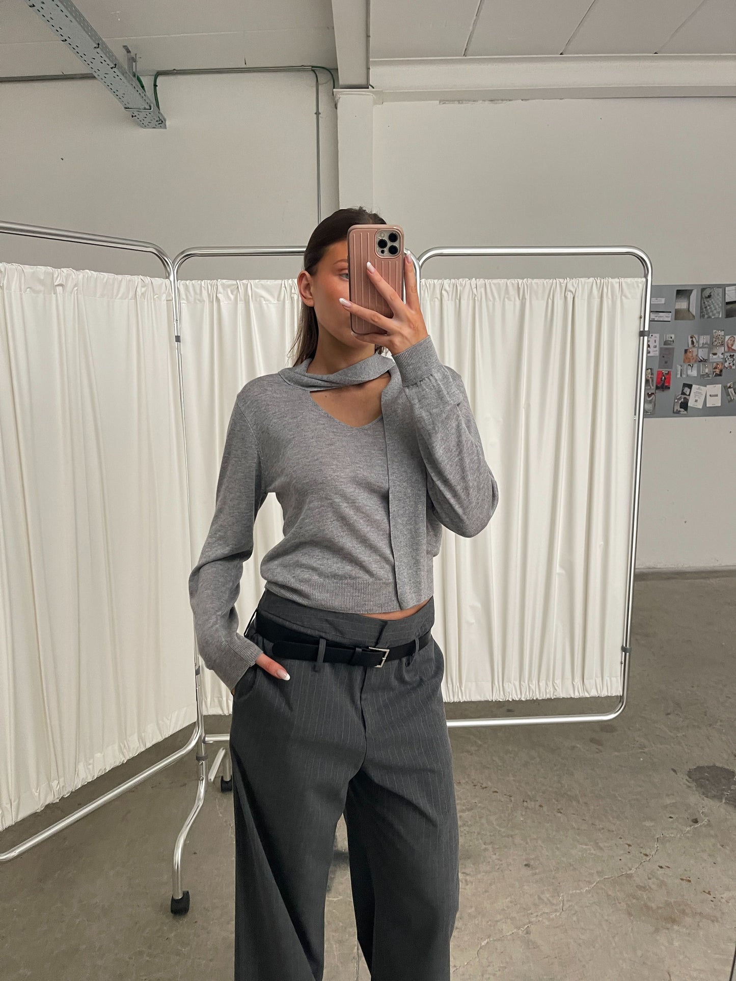 Scarf Detail Knitted Top Grey