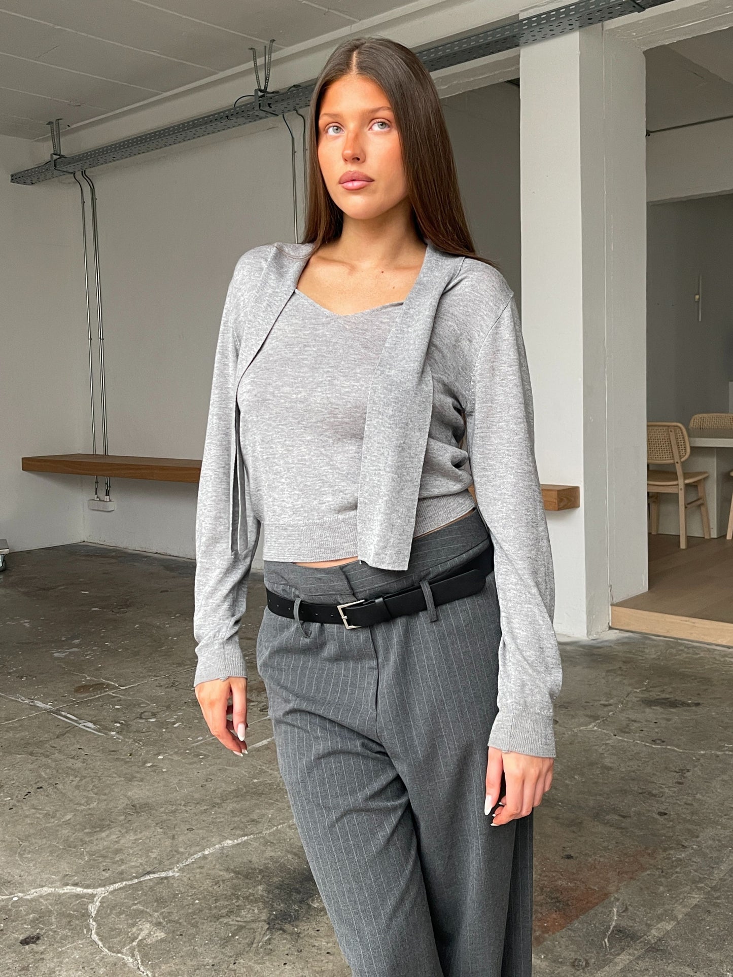 Scarf Detail Knitted Top Grey