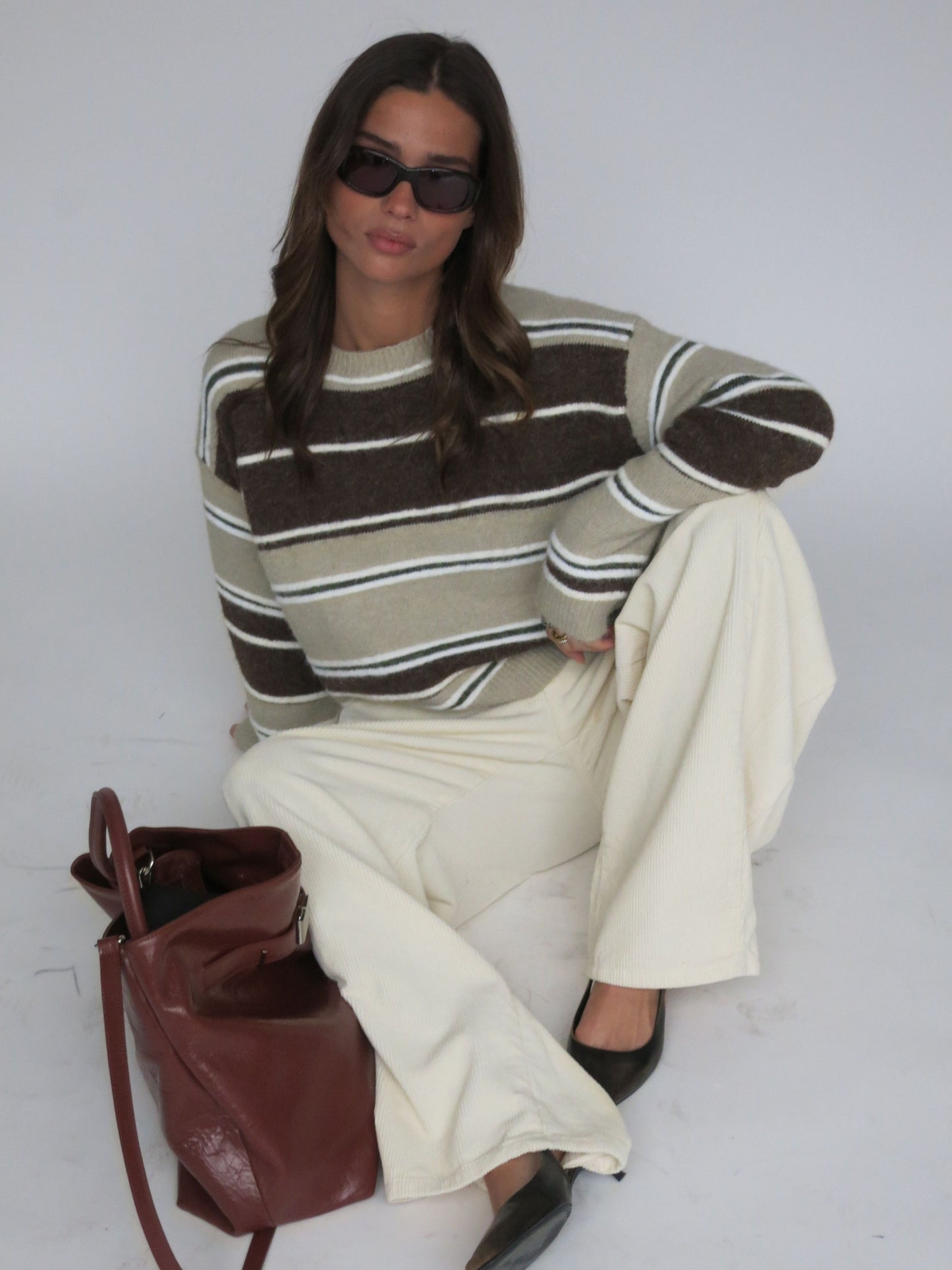 Two Coloured Striped Loose Knit Beige