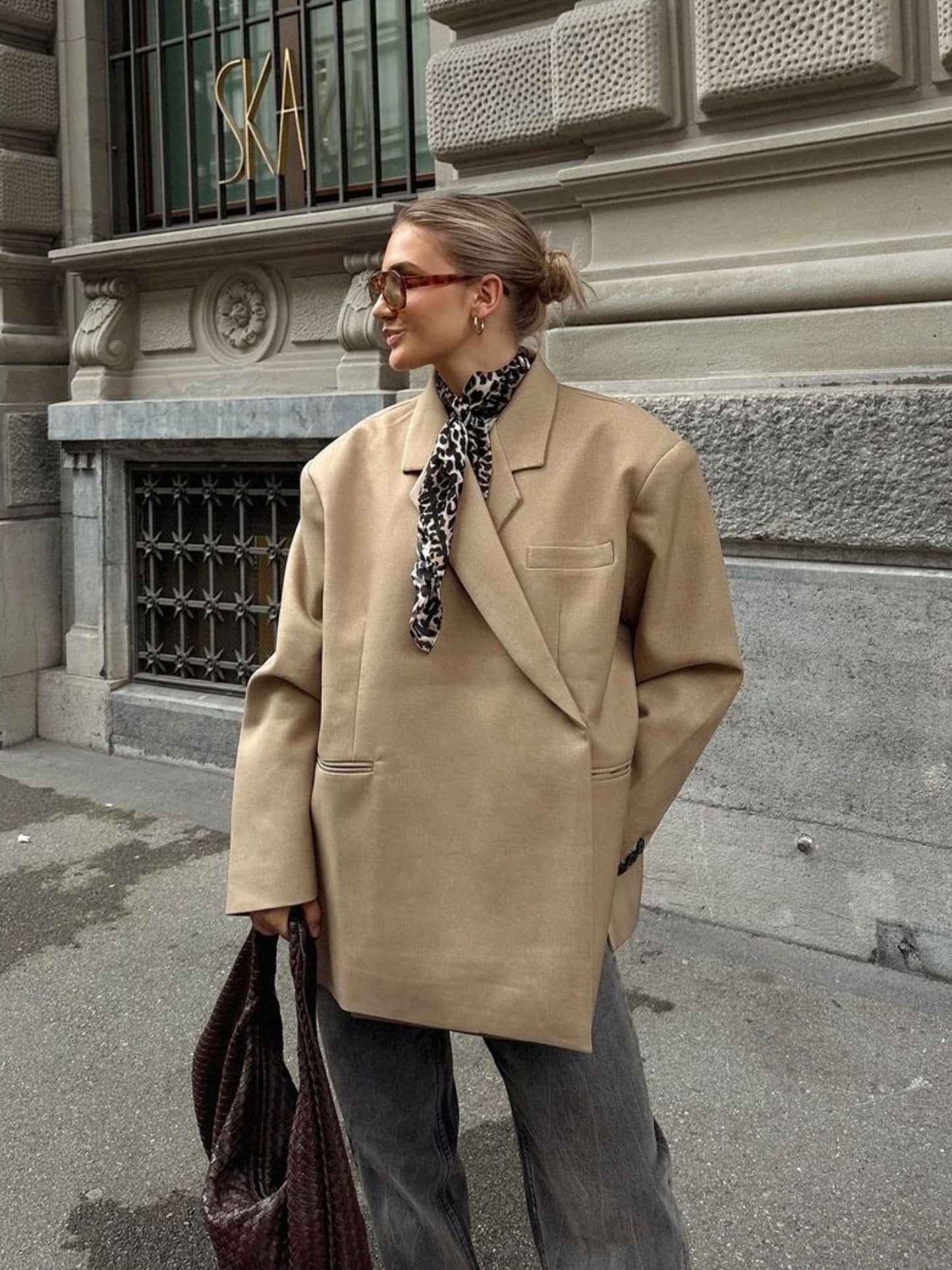 Oversized Side Slit Blazer Camel