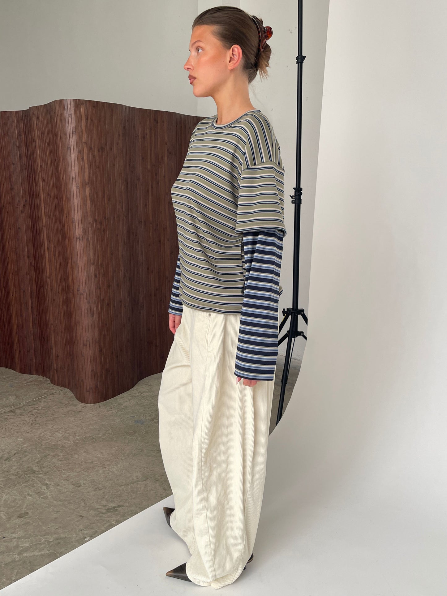 Contrast Lightweight Striped Double Sleeve Tee Khaki