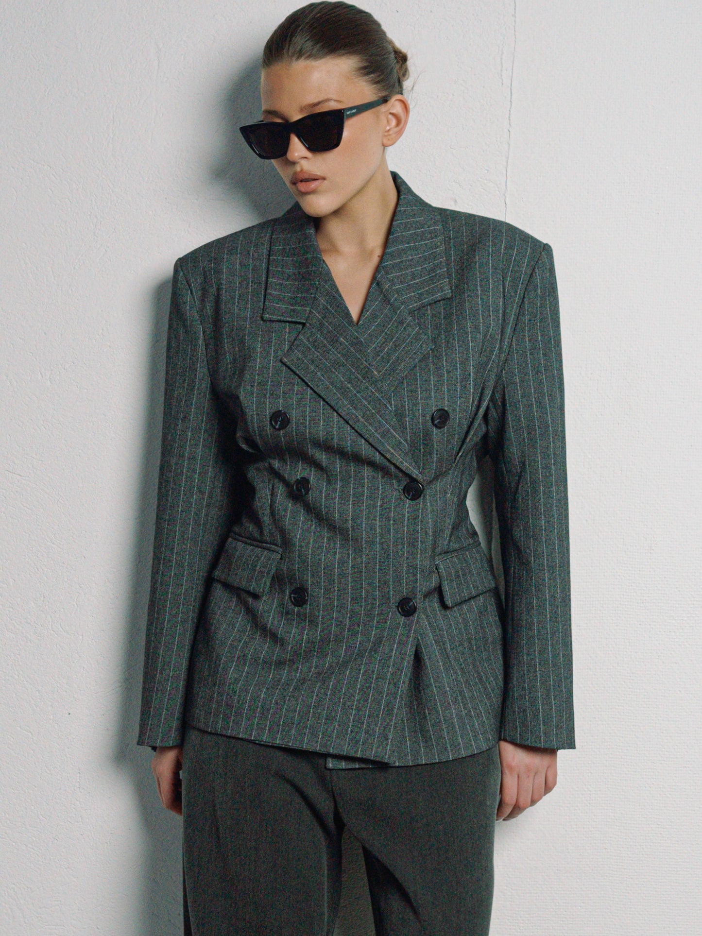 Pinstriped Cinched Blazer Grey Melange