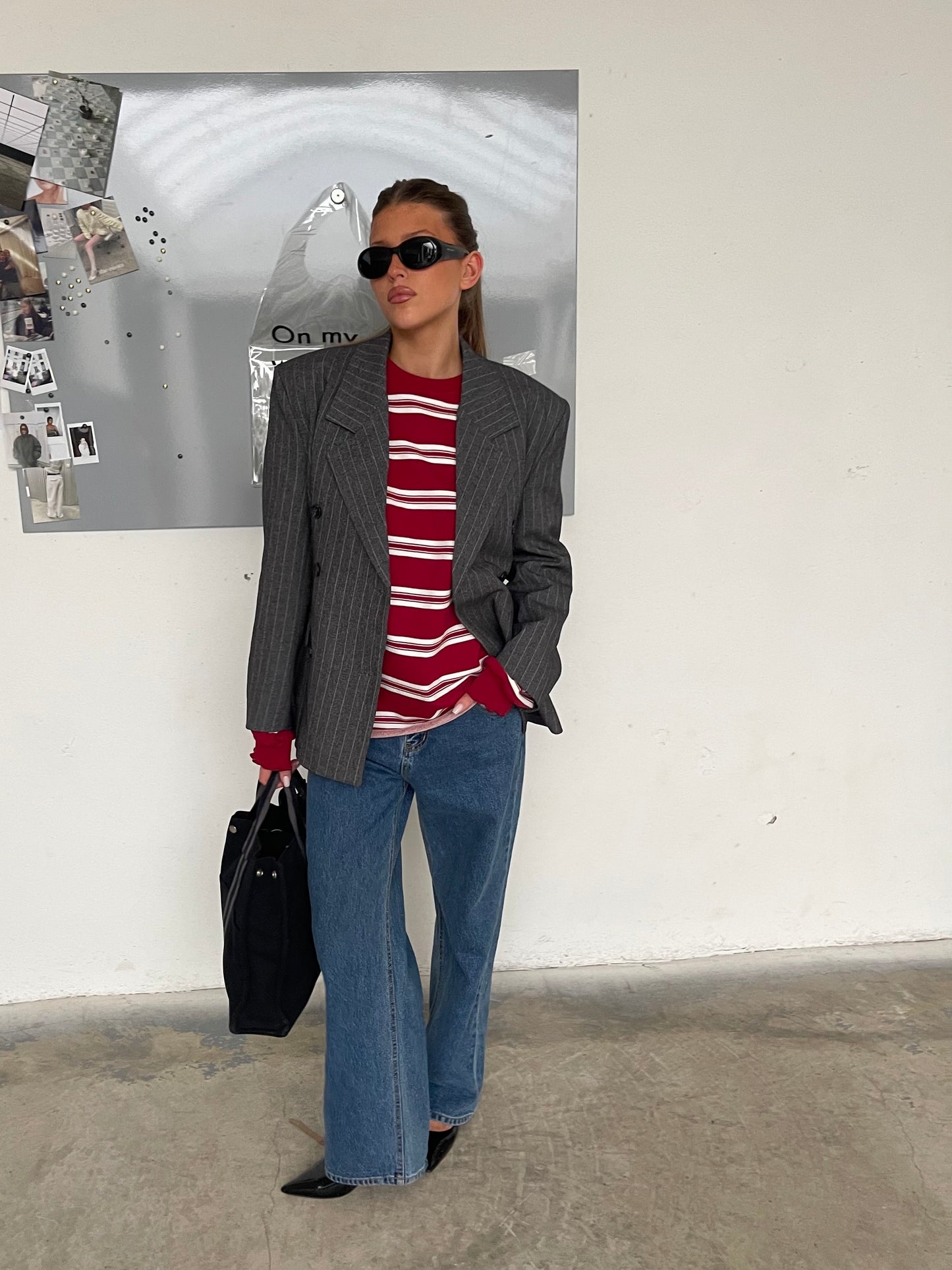 Ruffled Oversized Striped Sweatshirt Cherry Red