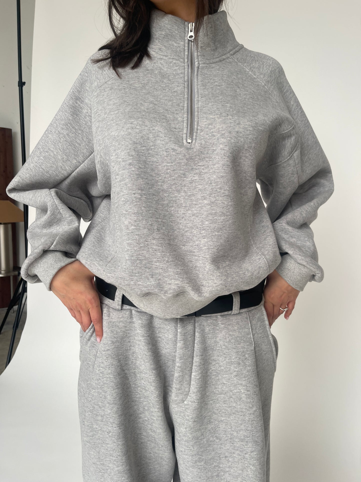 Fleeced Half Zip-Up Sweatshirt Grey