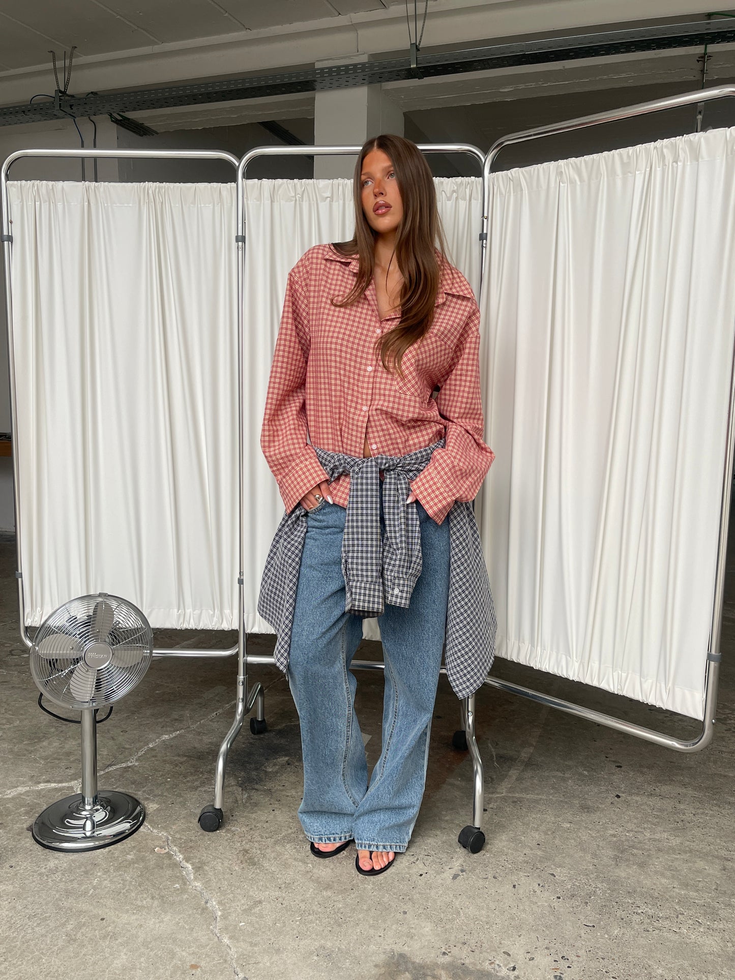 Oversized Checked Shirt Cherry Red