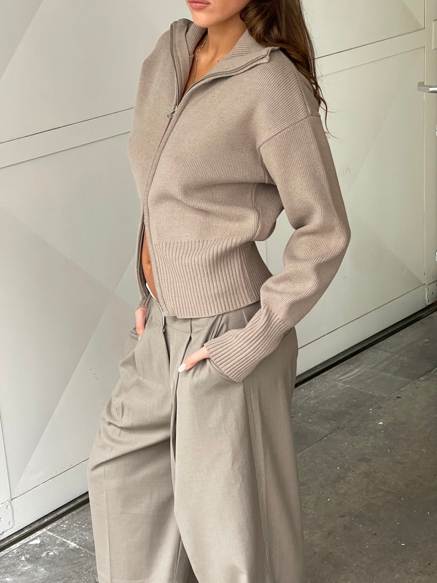 Two Way Zip Cardigan Beige