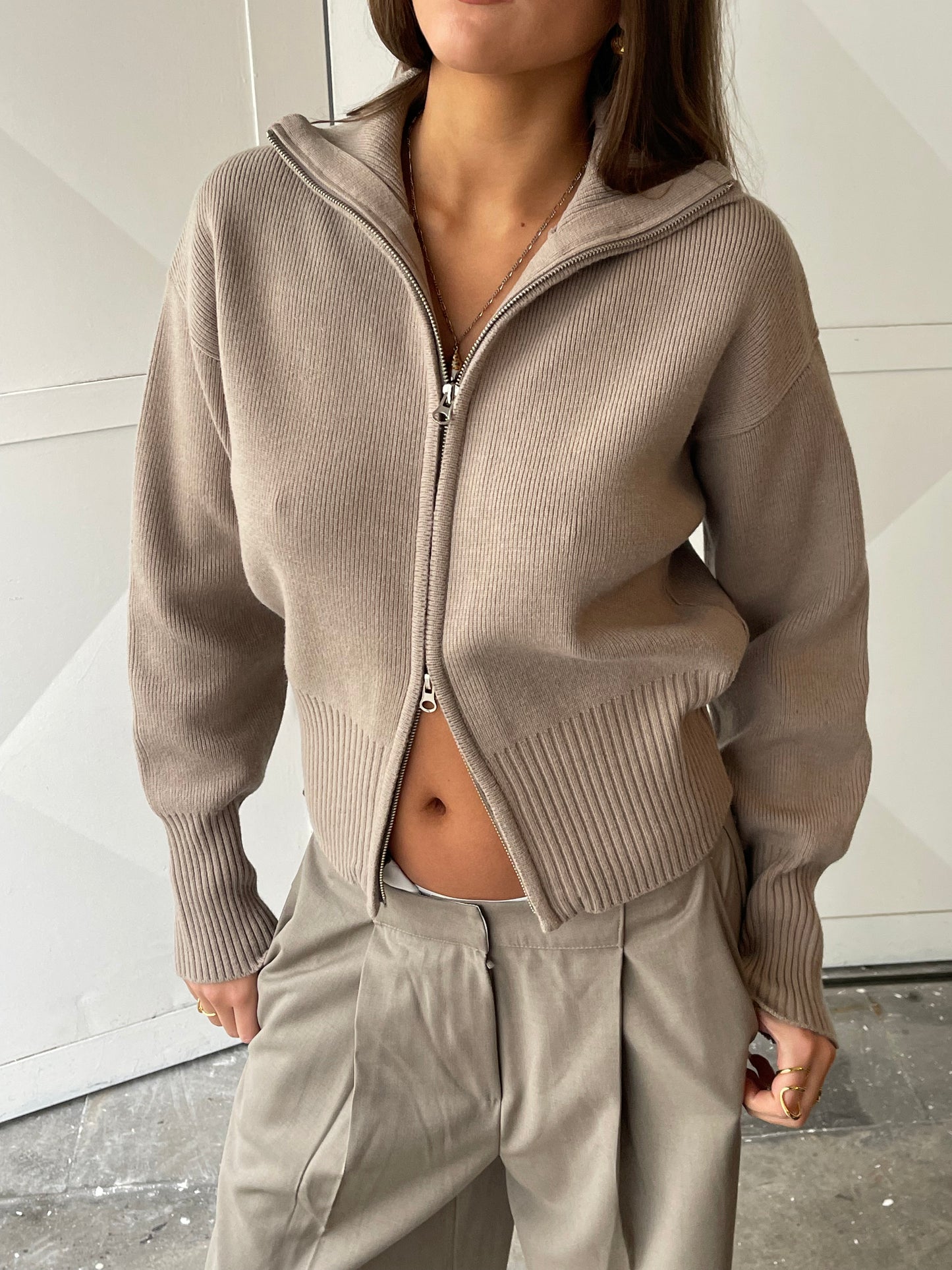 Two Way Zip Cardigan Beige