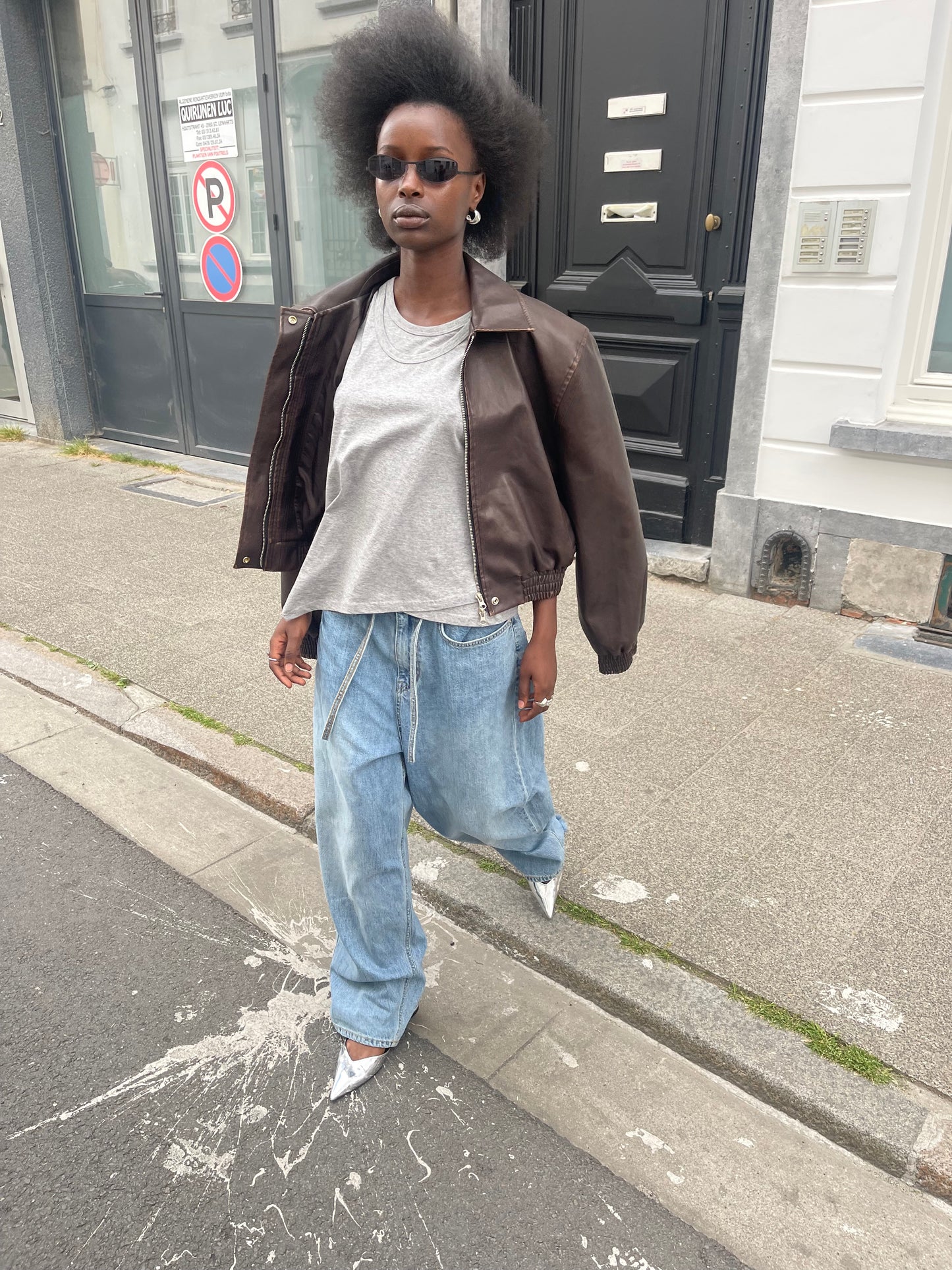 Oversized Cropped Faux Leather Jacket Brown