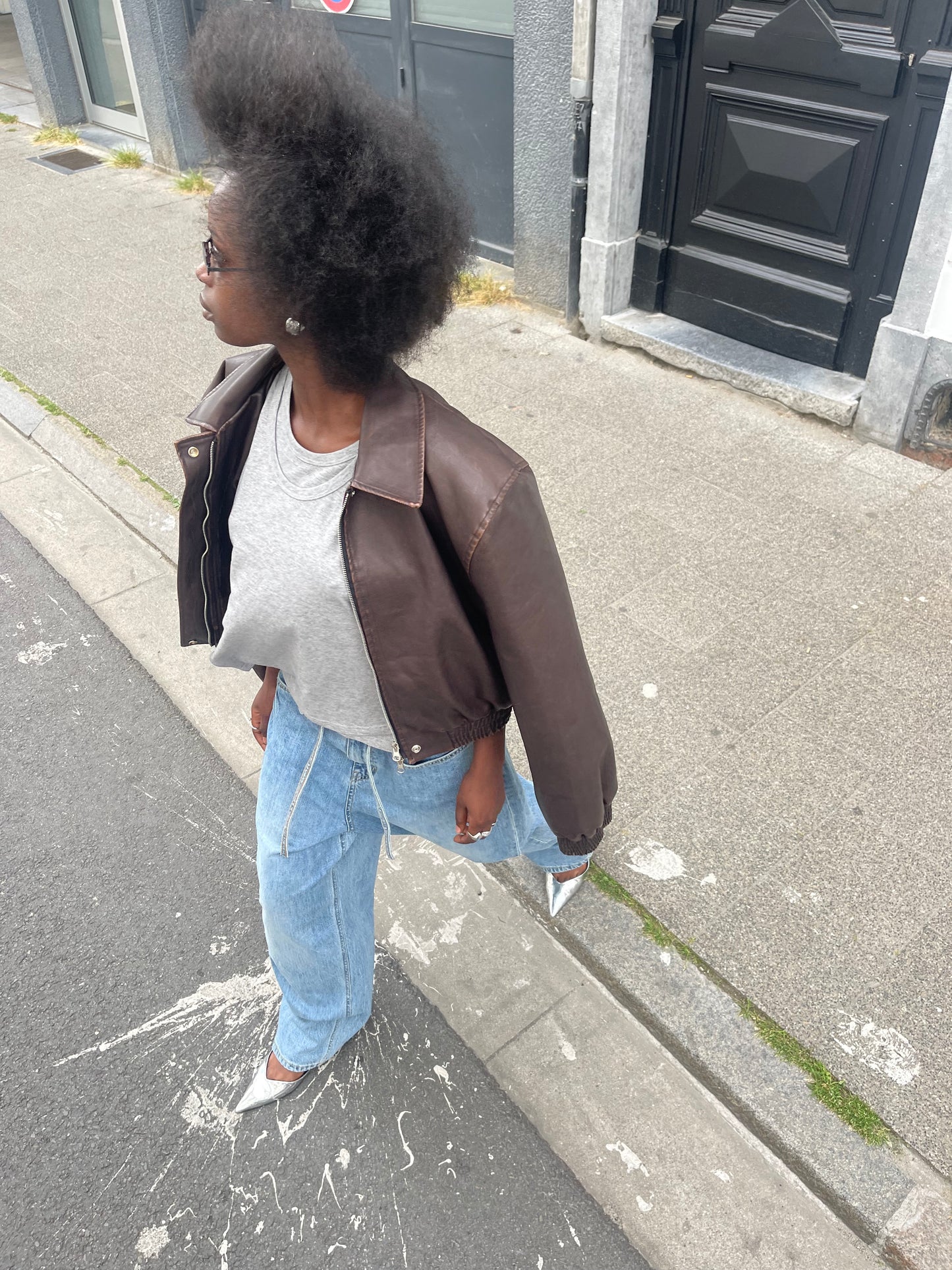 Oversized Cropped Faux Leather Jacket Brown