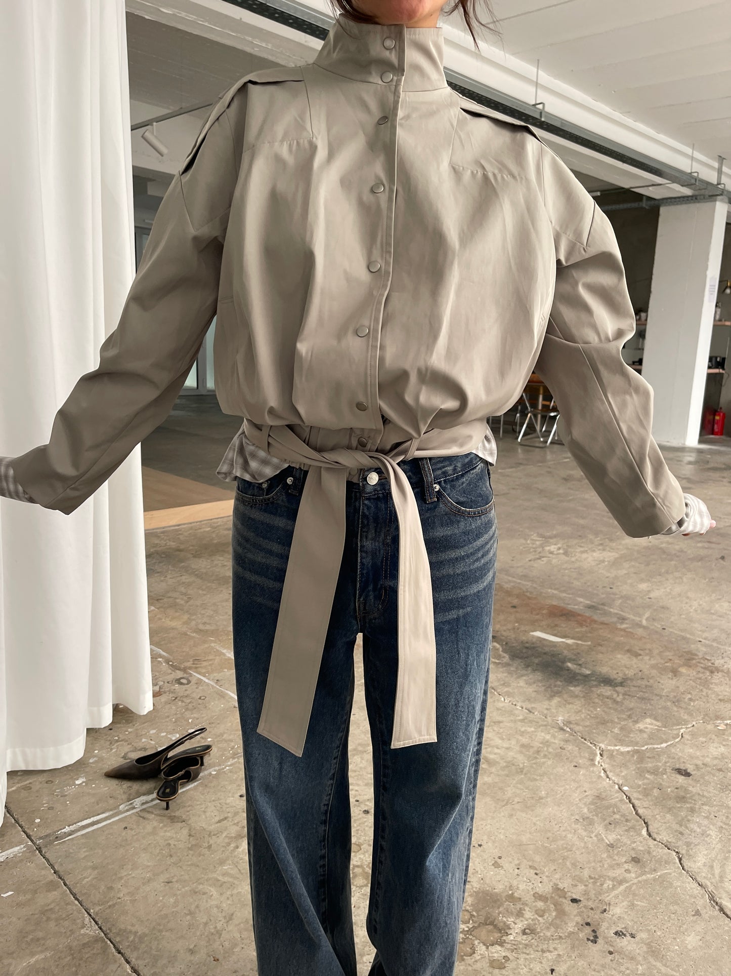 High Neck Belted Jacket Sage Green