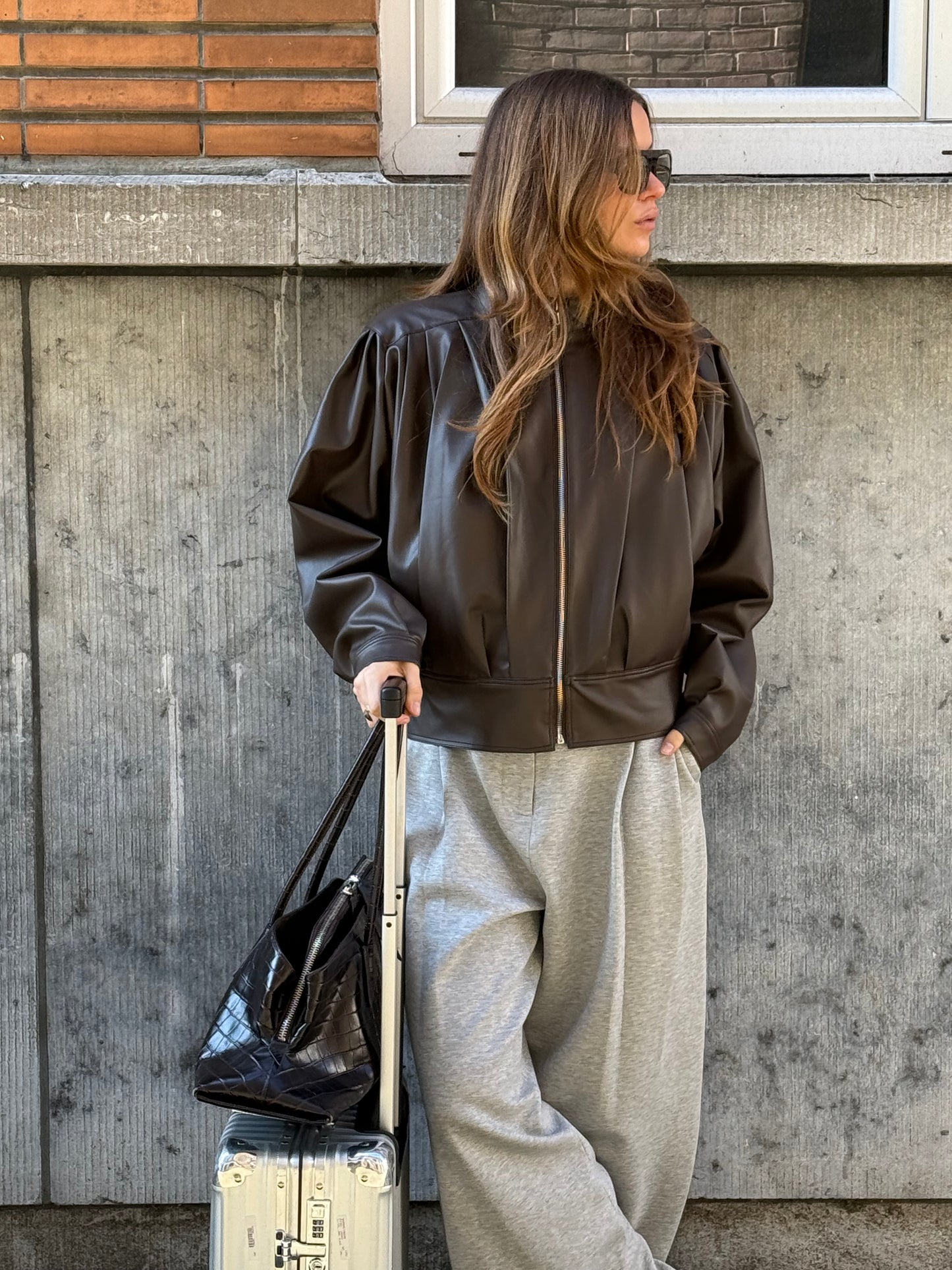 Front Pleated Faux Leather Jacket Brown
