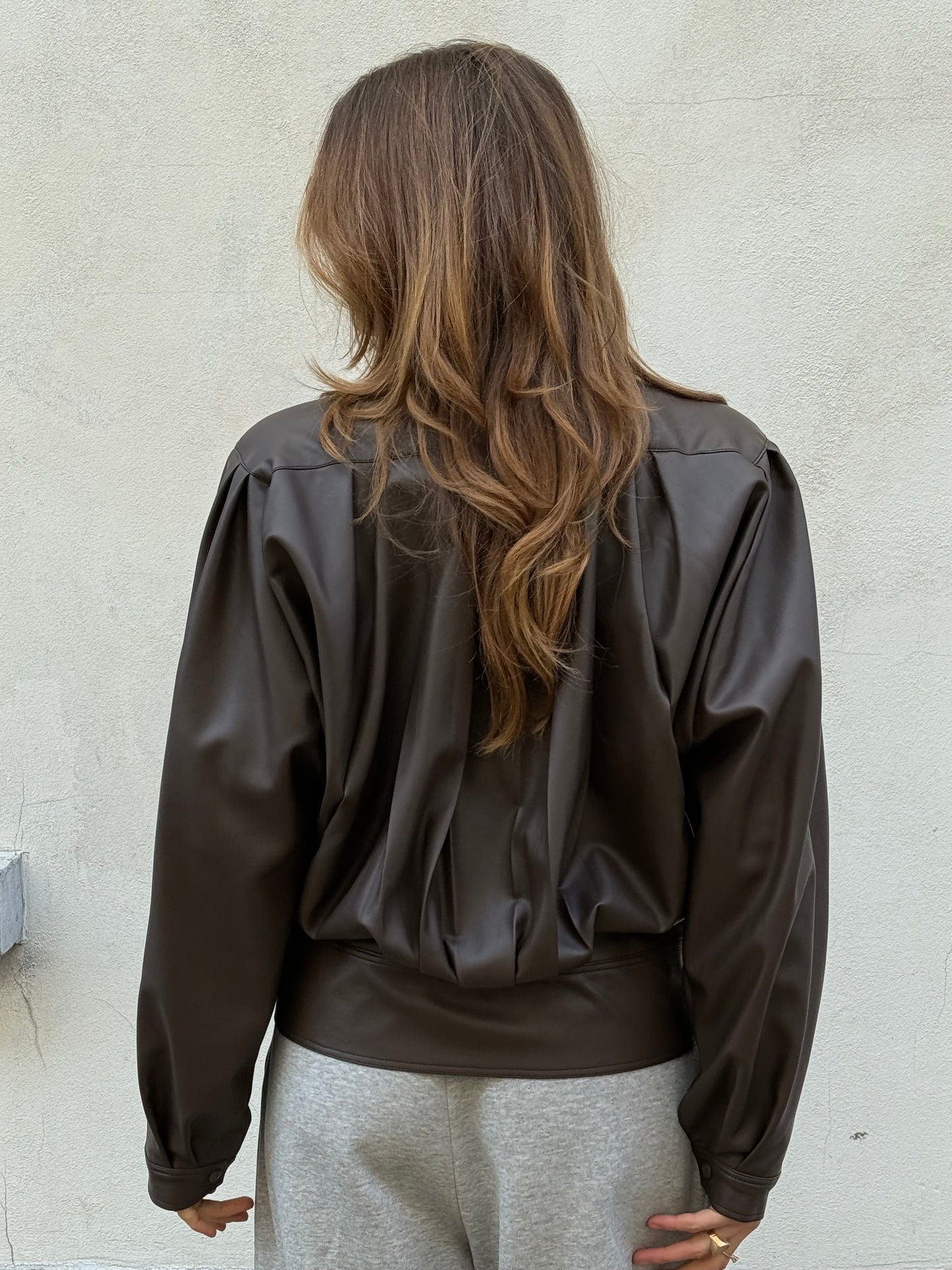 Front Pleated Faux Leather Jacket Brown