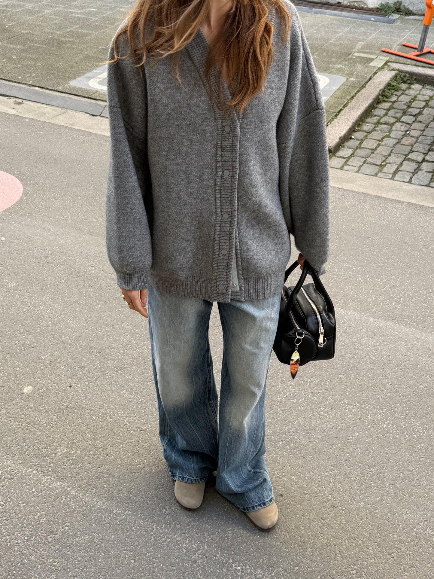 Oversized Press Button Cardigan Dark Grey