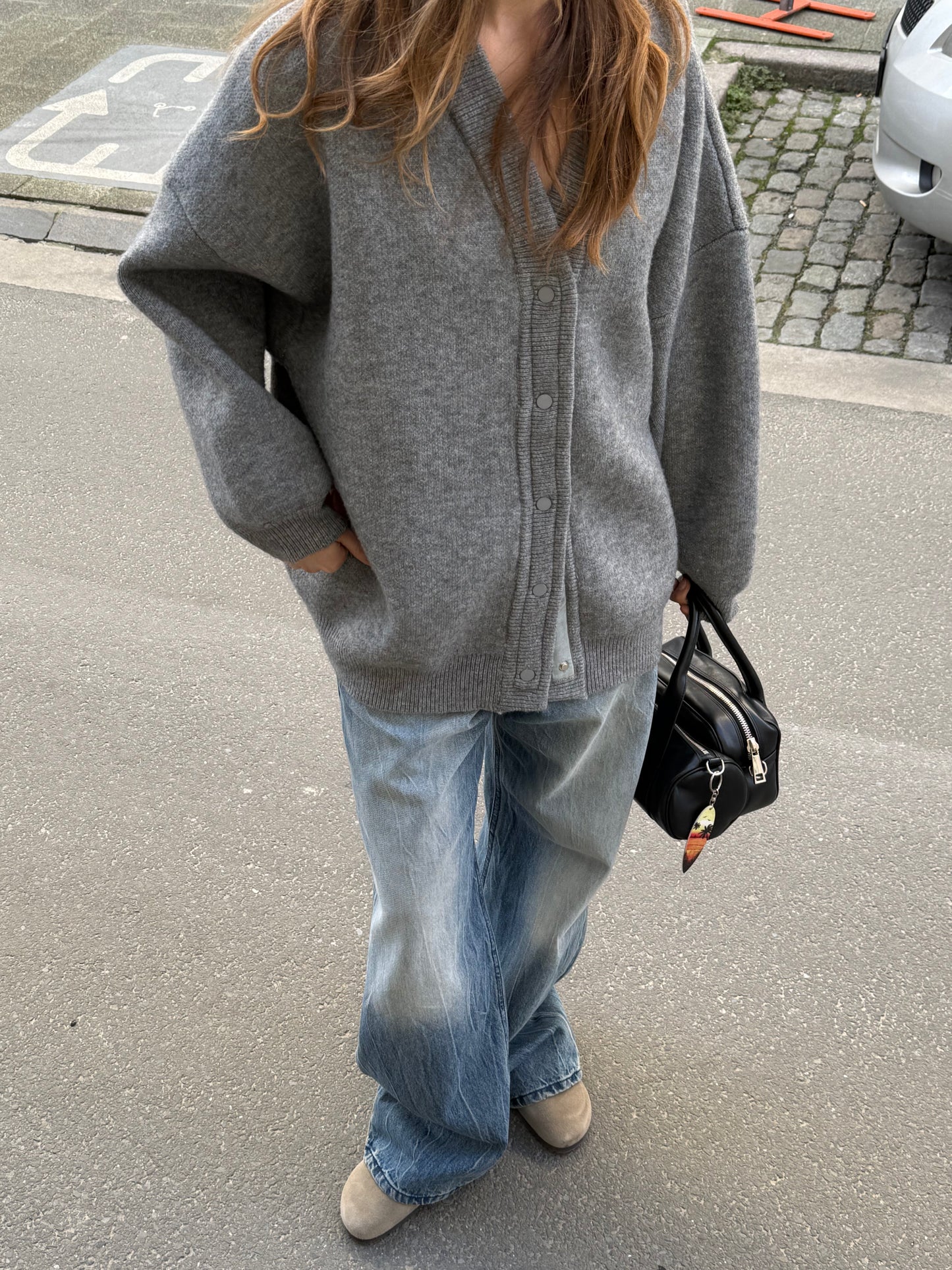 Oversized Press Button Cardigan Dark Grey