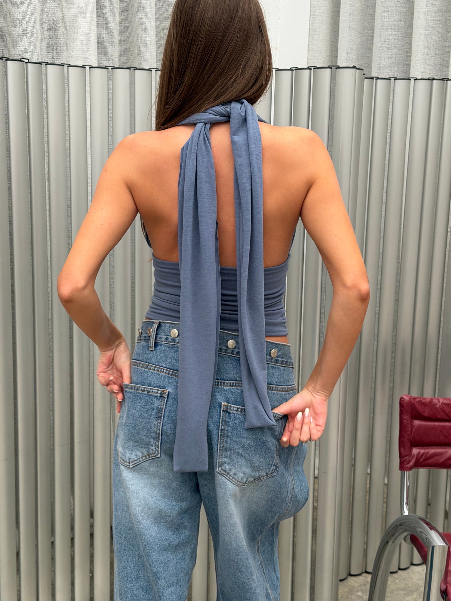 Deep Halter Neck Top Steel Blue