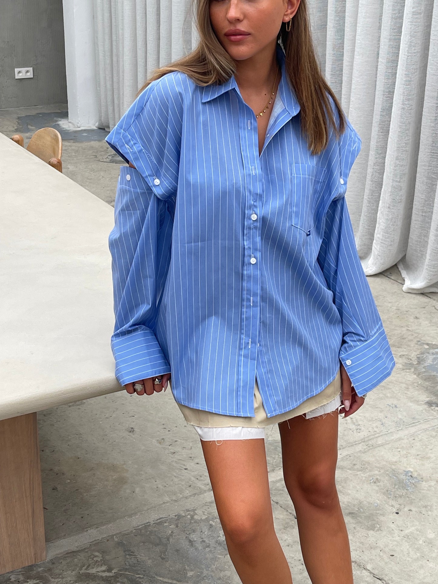 Shoulder Buttoned Striped Shirt