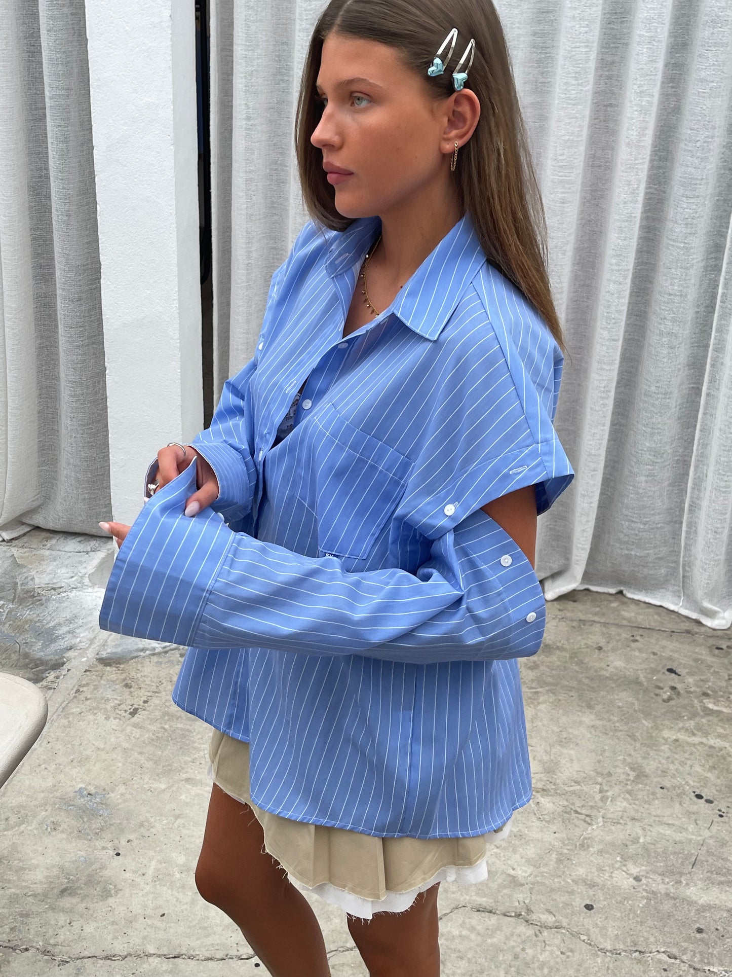 Shoulder Buttoned Striped Shirt