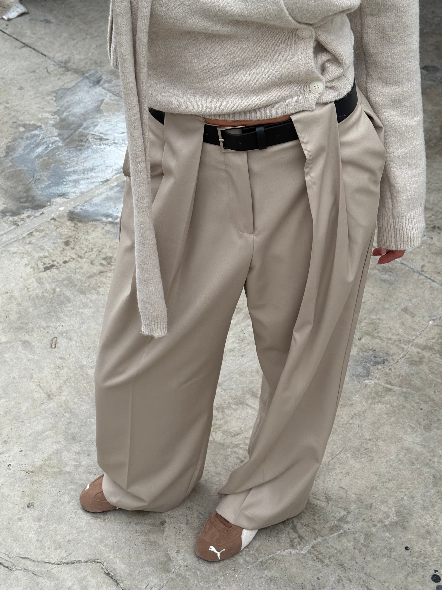 Front Pleated Belted Pants Sand