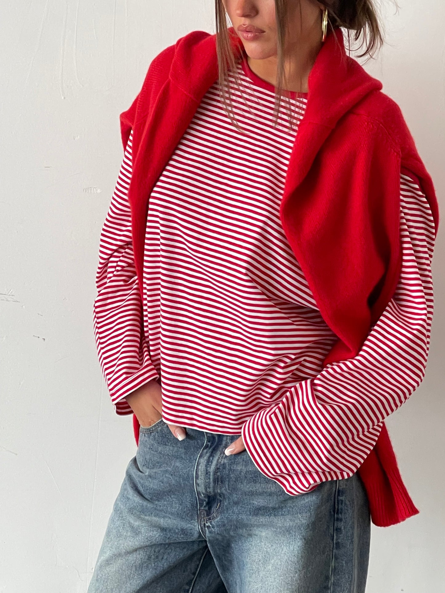 Ribbon Detail Cut Out Striped Tee Red