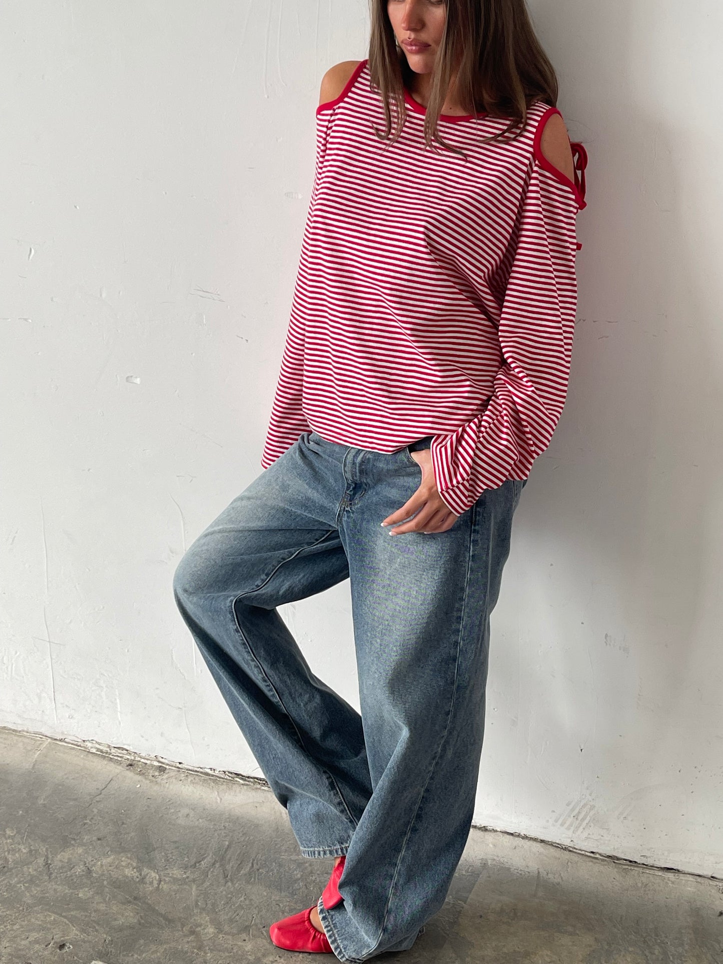 Ribbon Detail Cut Out Striped Tee Red