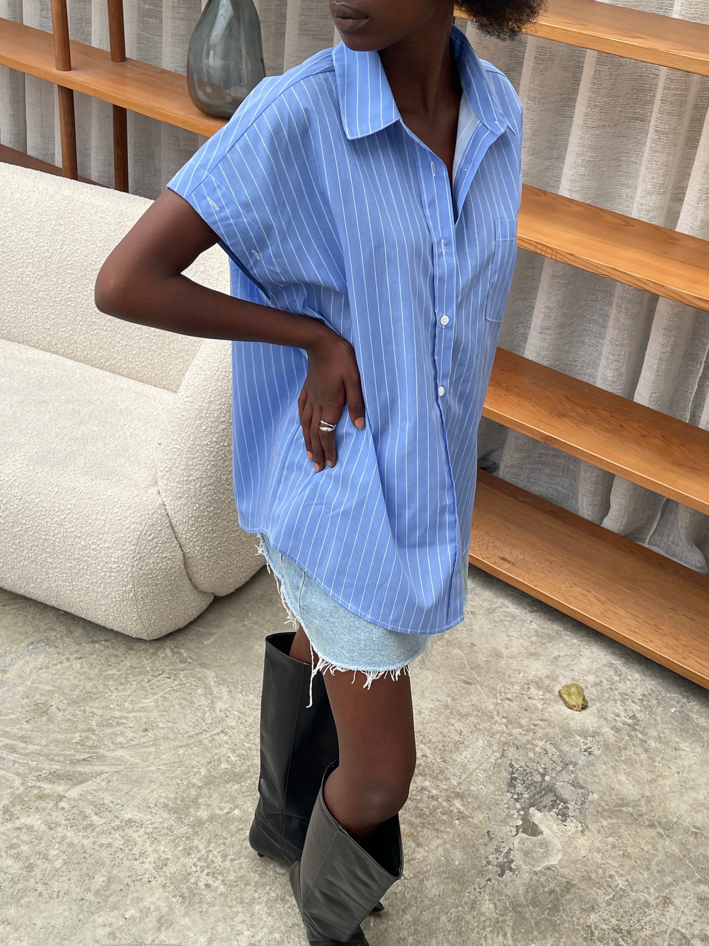 Shoulder Buttoned Striped Shirt