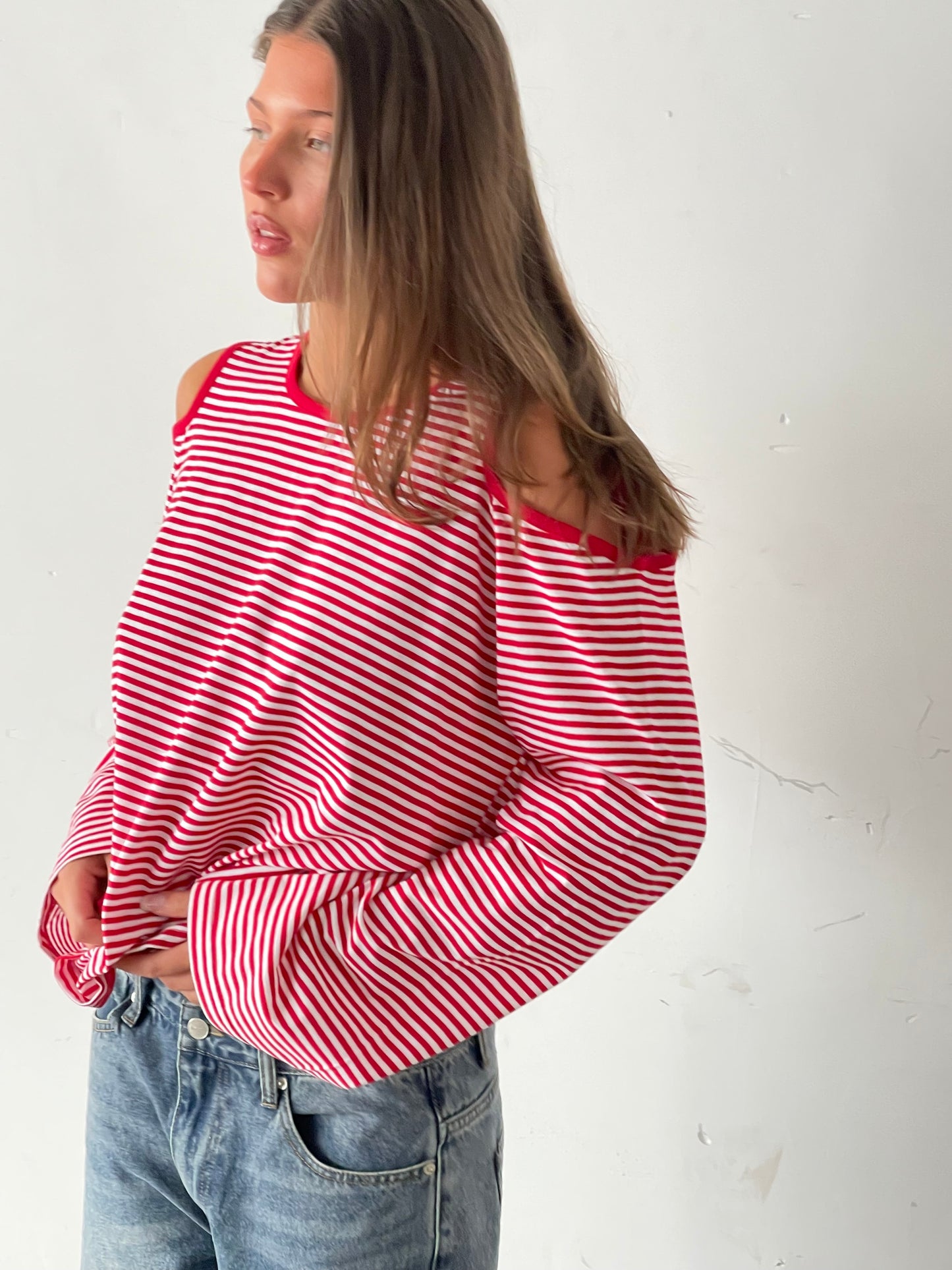 Ribbon Detail Cut Out Striped Tee Red