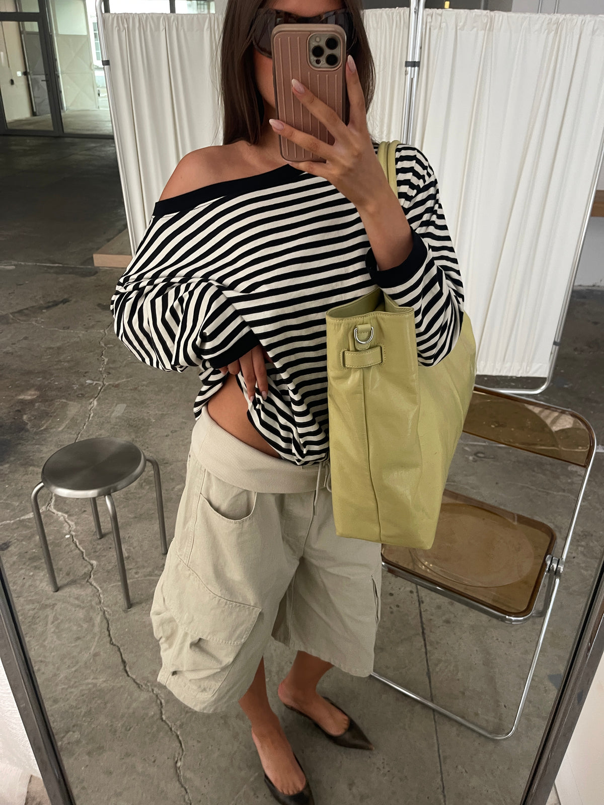 Striped Off Shoulder Long Sleeve Tee Black and White