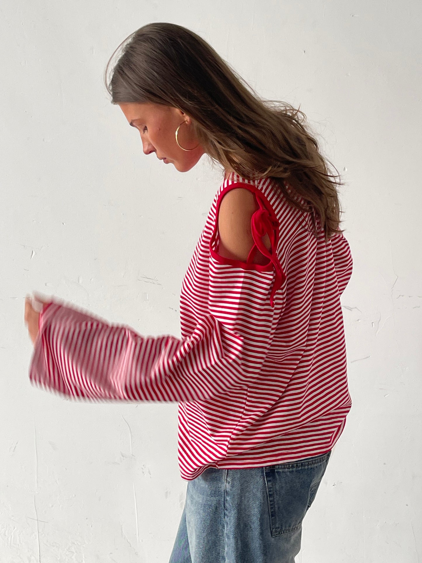 Ribbon Detail Cut Out Striped Tee Red