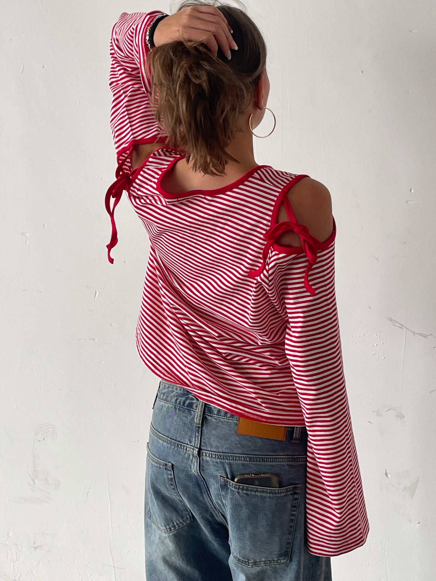 Ribbon Detail Cut Out Striped Tee Red