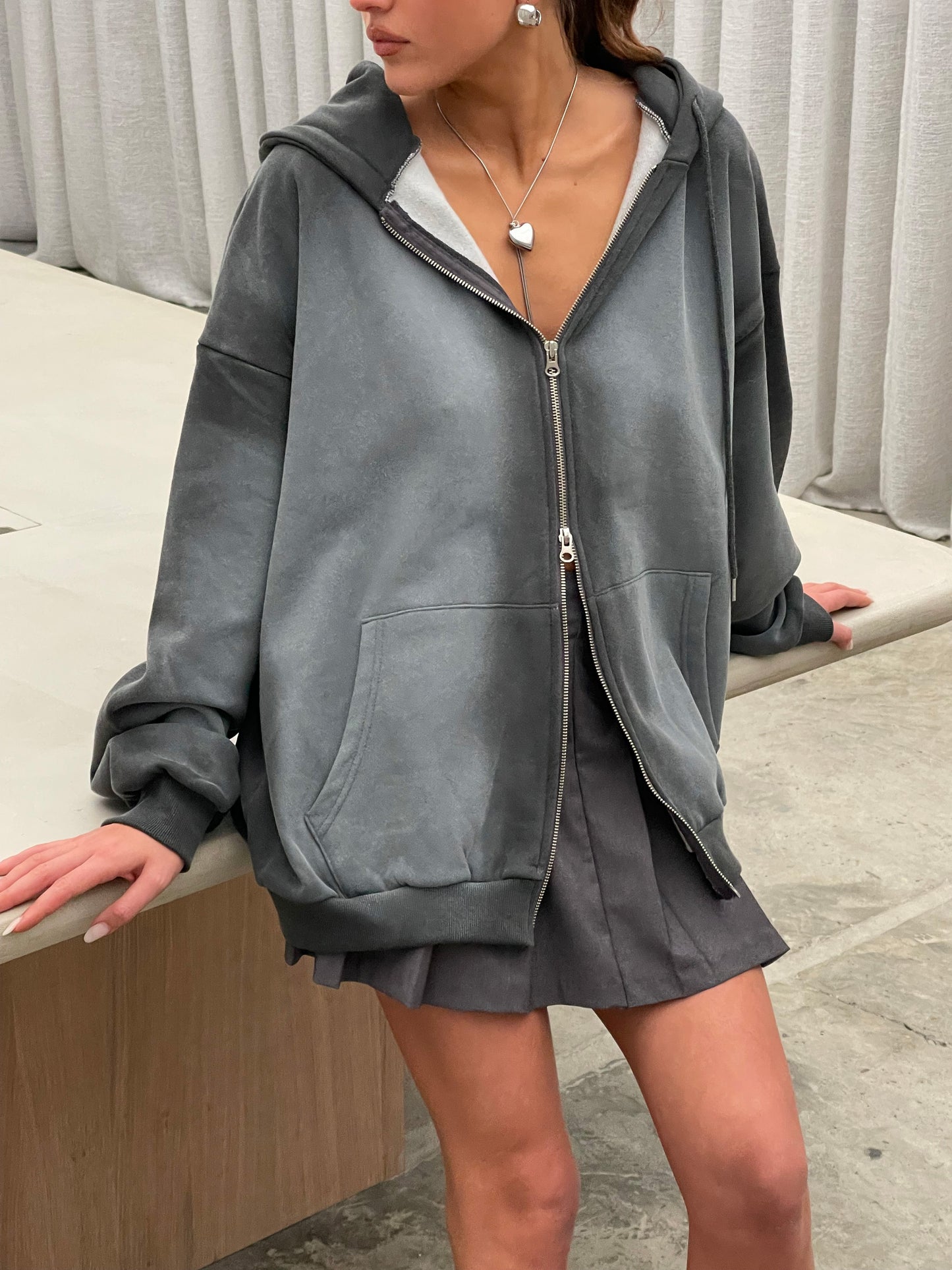 Zipped Ombre Hooded Vest Dark Grey