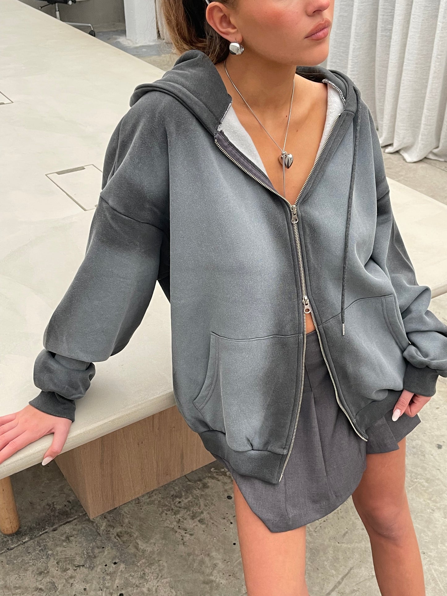 Zipped Ombre Hooded Vest Dark Grey