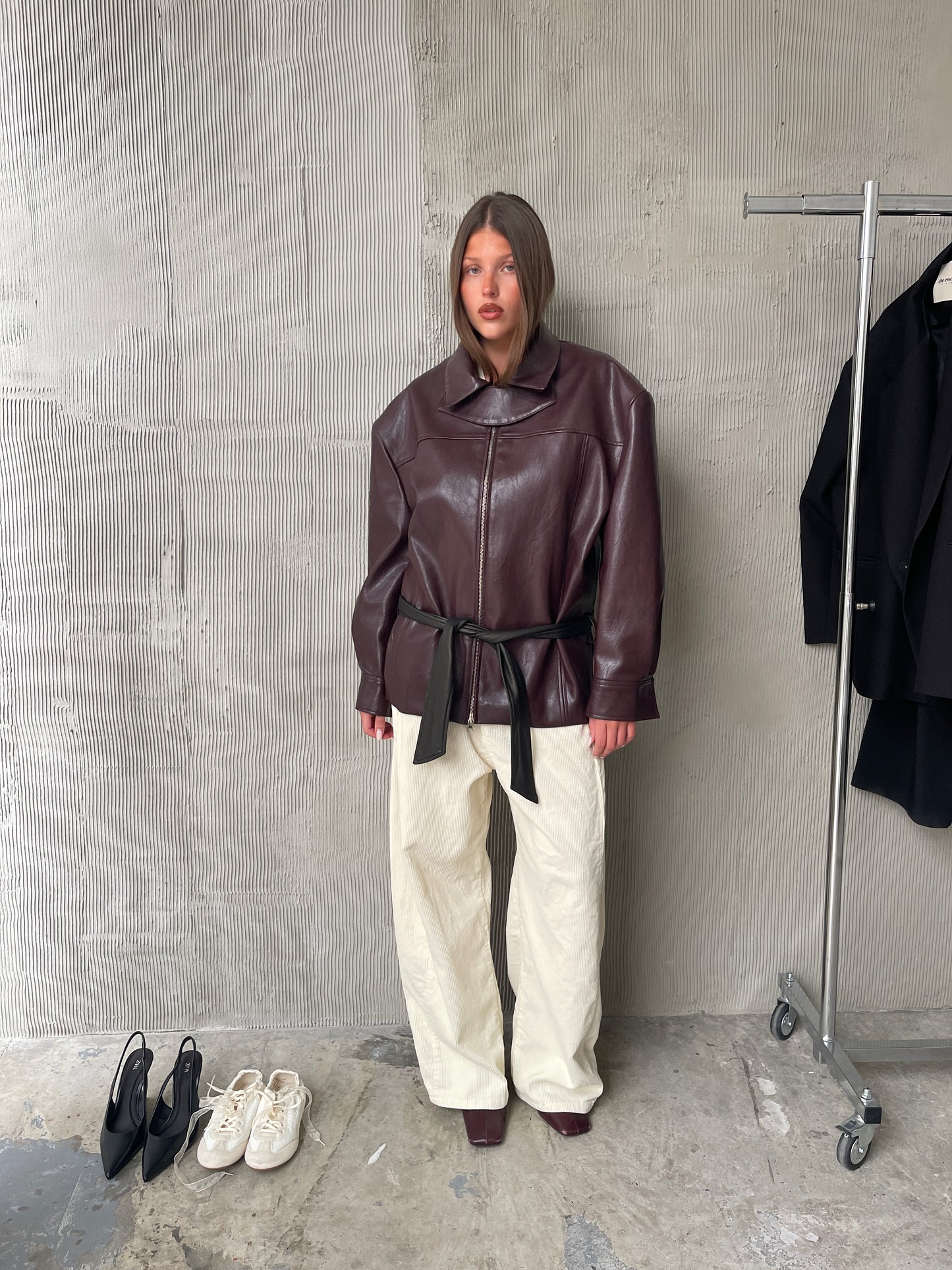 Contrast Belted Jacket Burgundy