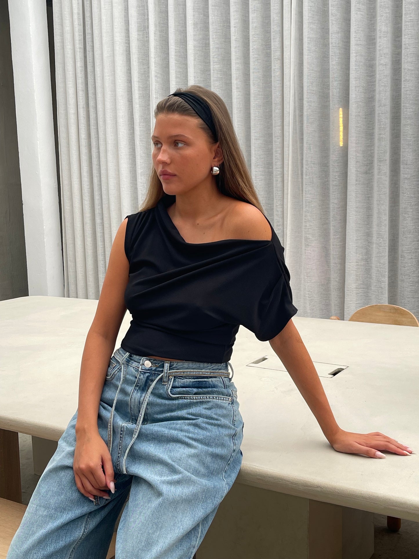 Draped Over Shoulder Top Black