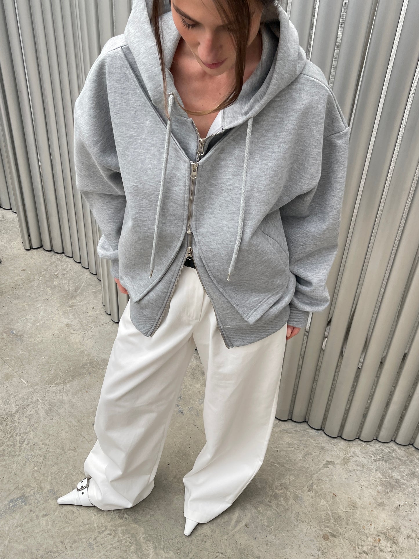 Double Layered Zipped Hooded Vest Grey