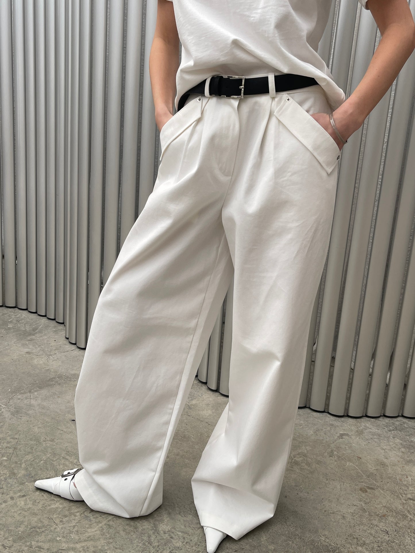 Wide Leg Pocket Detail Pants White