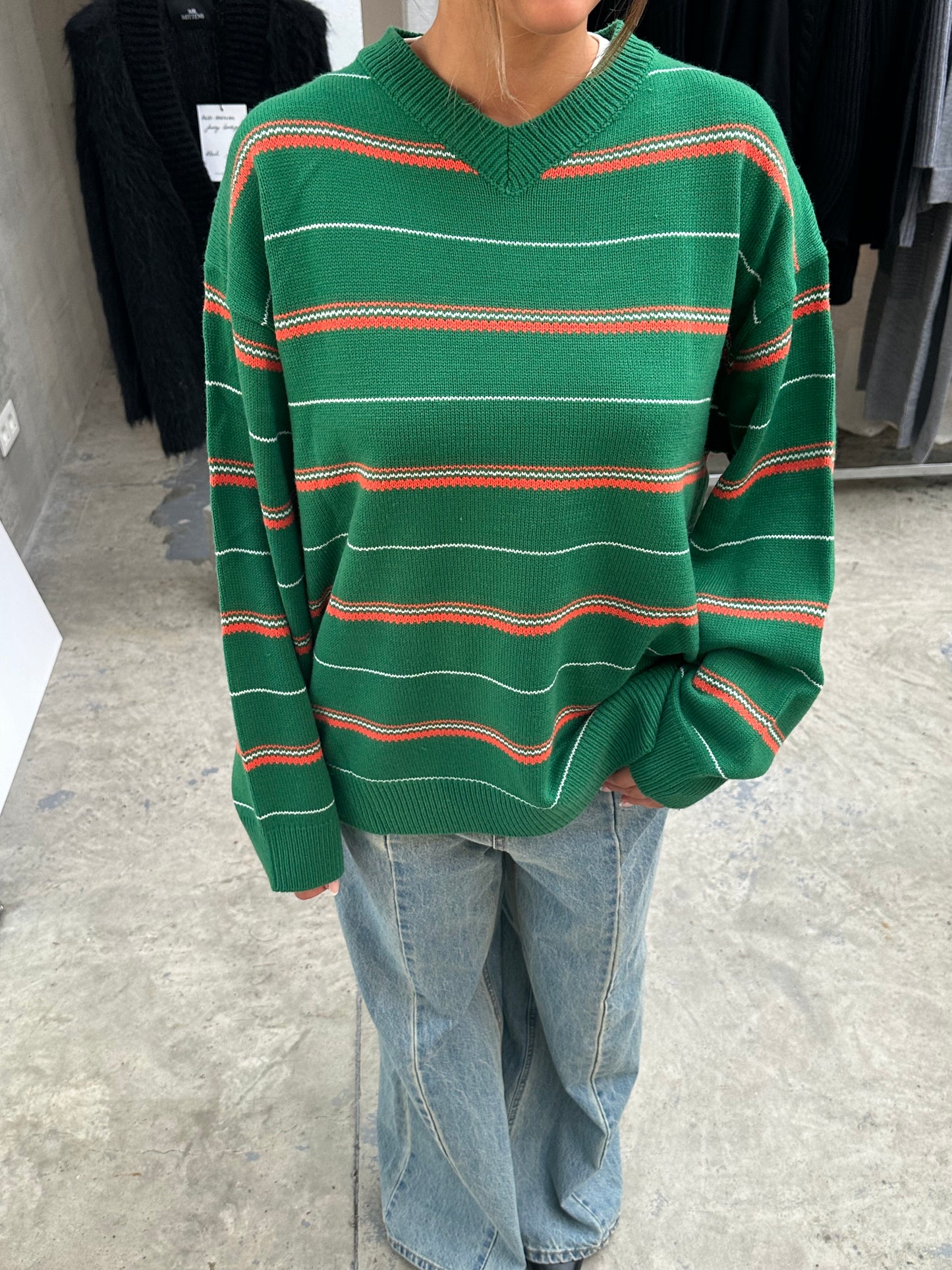 Striped Green Vneck Knit