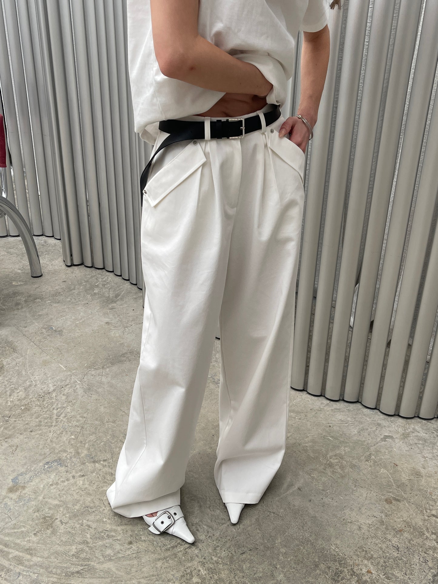 Wide Leg Pocket Detail Pants White