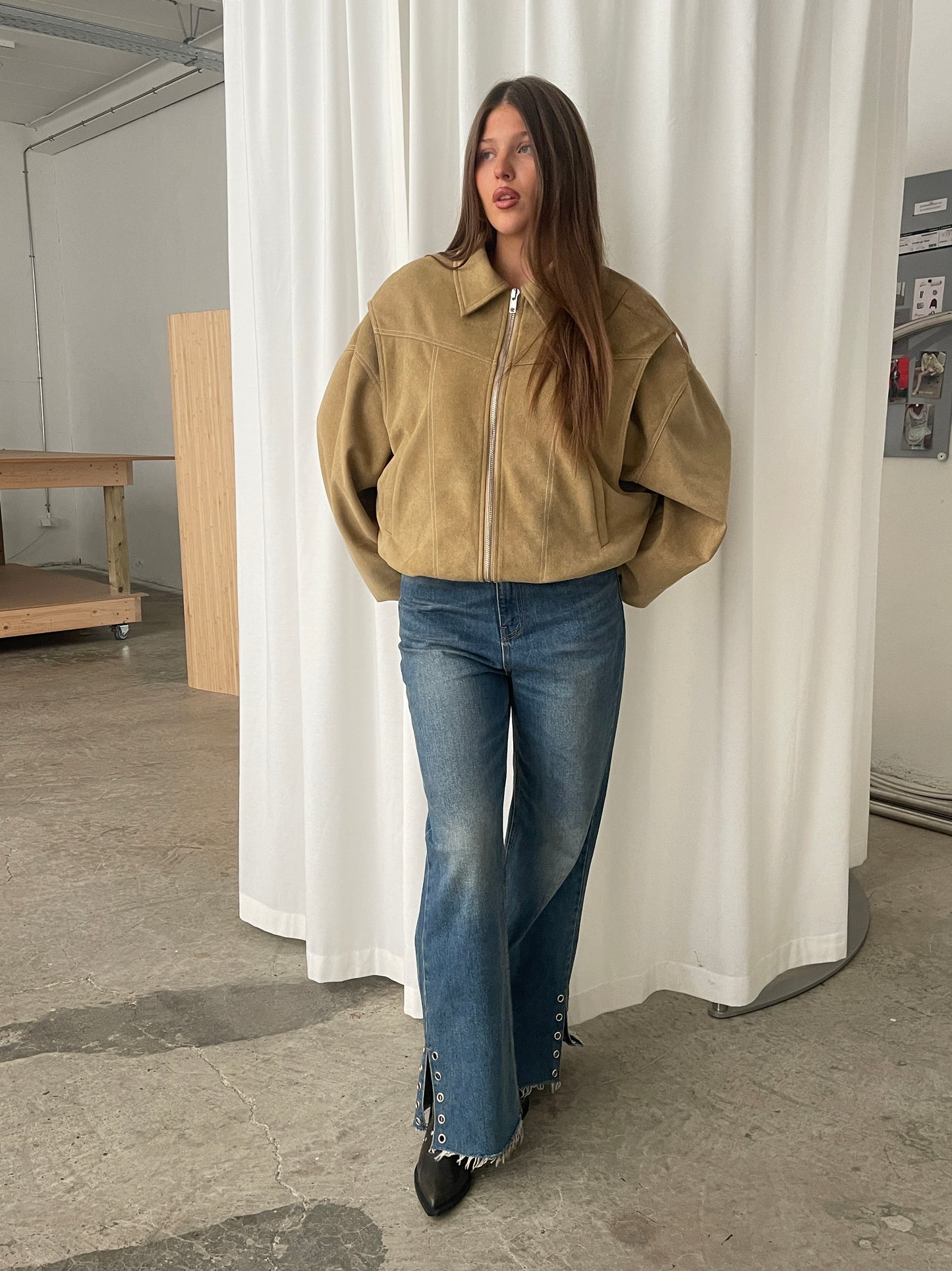 Oversized Contrast Stitch Jacket Suede Camel