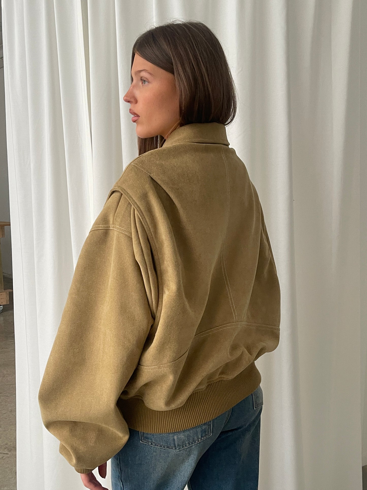 Oversized Contrast Stitch Jacket Suede Camel